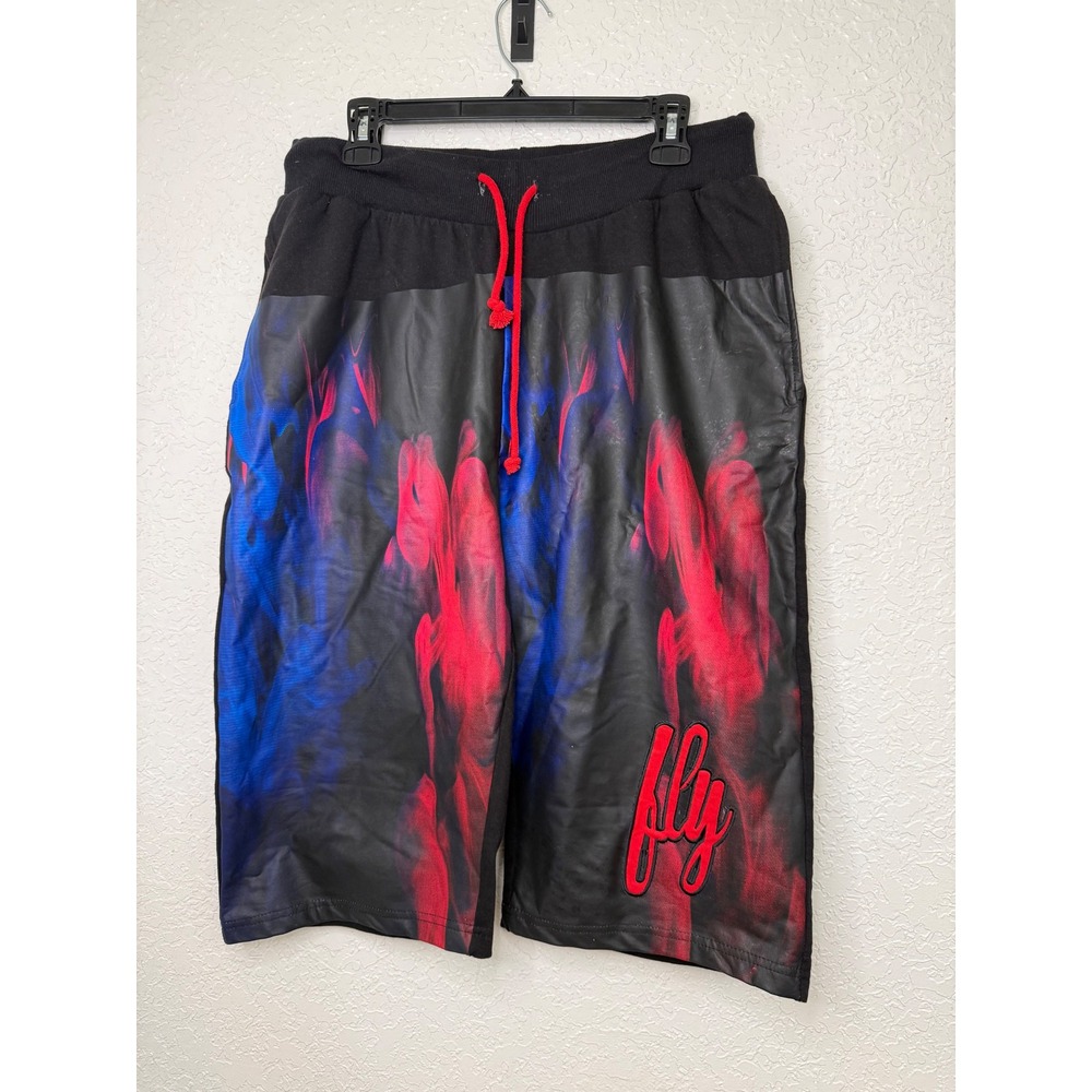 Fly Society Mens XL Black Red Blue Graphic Smoke Print Cotton Shorts Streetwear